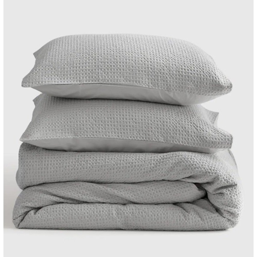 NWT QUINCE ORGANIC LUXE HONEYCOMB DUVET COVER SET LIGHT GREY KING CAL KING $130